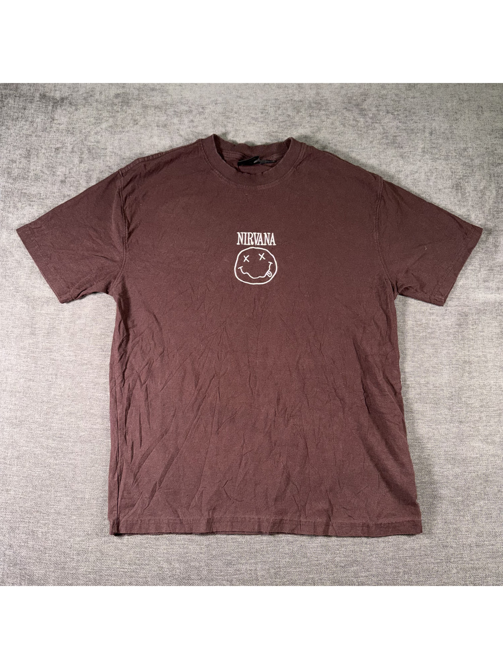 Nirvana Brown Graphic T-Shirt with Smiley Face Logo, Size Small